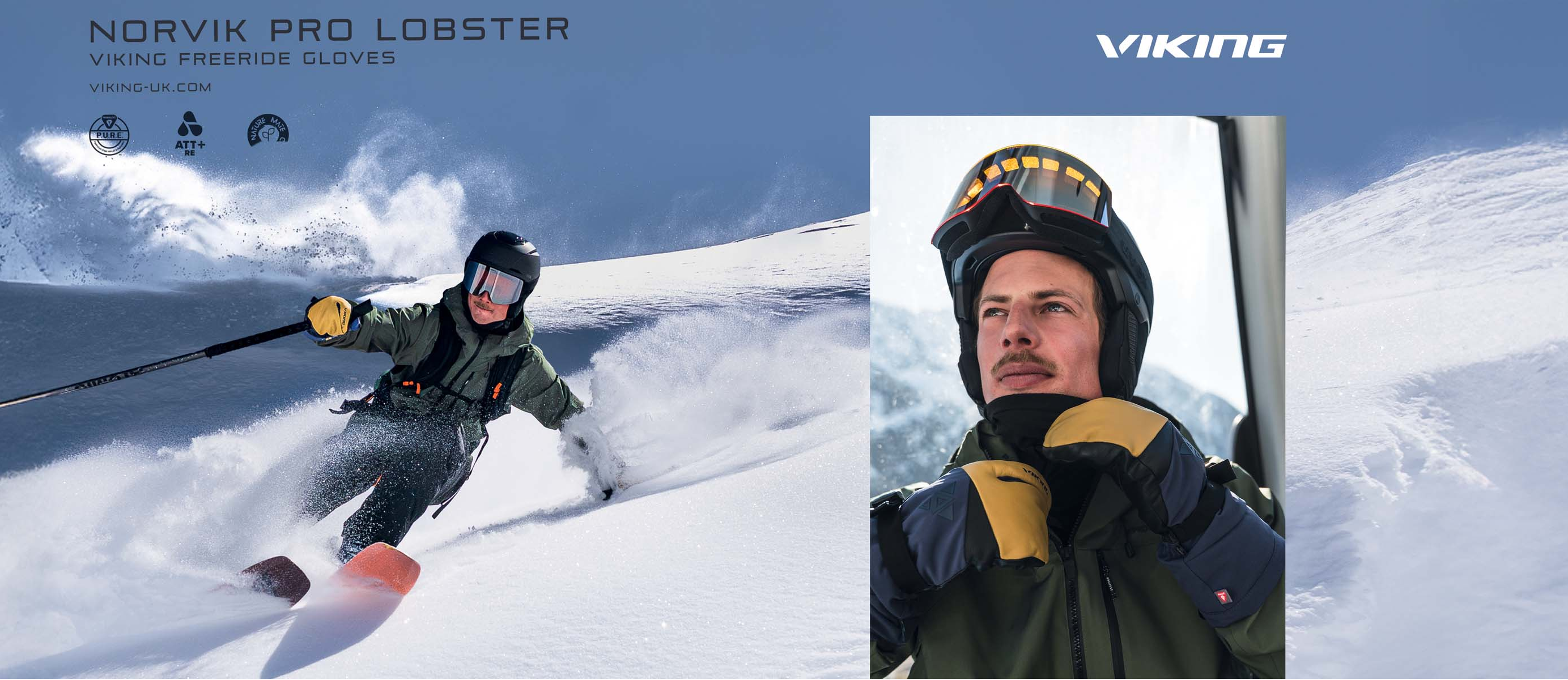 Person skiing in snowy landscape with Viking brand logo